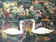 AN531 White swans with beautiful colorful background mosaic