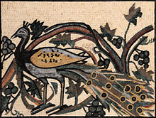 AN1119 Peacock and grape leaves on salmon pink background