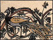 AN1119 Peacock and grape leaves on salmon pink background