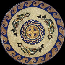 MD695 blue navy & gold swimming dolphins mosaic with wave border