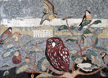 AN235 Birds and owl on leaf branches mosaic