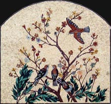 AN308 Oval colorful birds and flower branches on white background mosaic