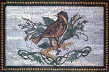 AN318 Bird on green leaves with blue background mosaic