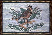 AN318 Bird on green leaves with blue background mosaic