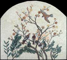 AN477 Oval colorful birds and flower branches on white background mosaic